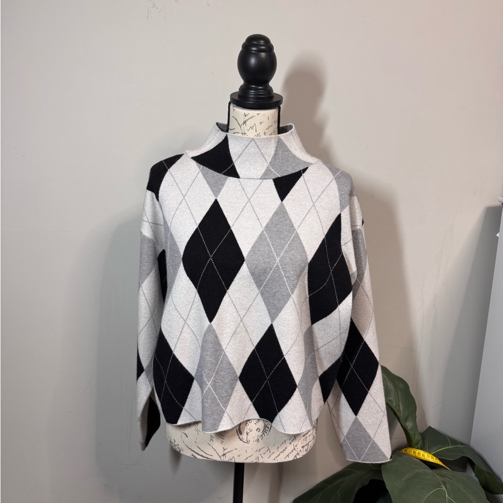 Maeve Anthropologie Argyle Sweater Small Mock Neck Cropped Gray Black Knit